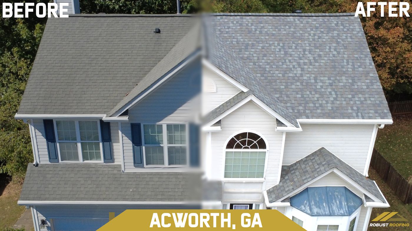 Before and after of a Robust Roofing roof replacement in Acworth, Georgia