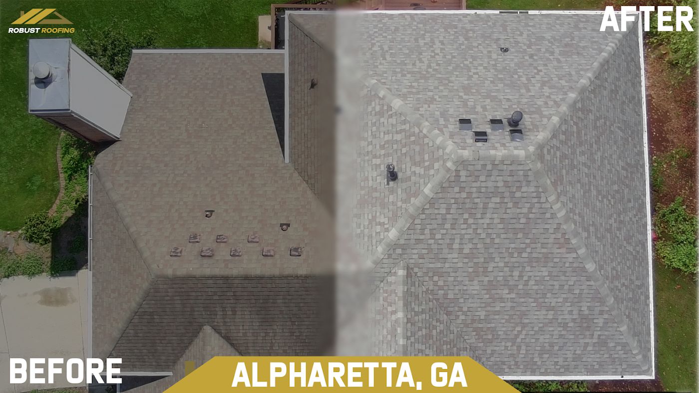 Before and after of a Robust Roofing roof replacement in Alpharetta, Georgia