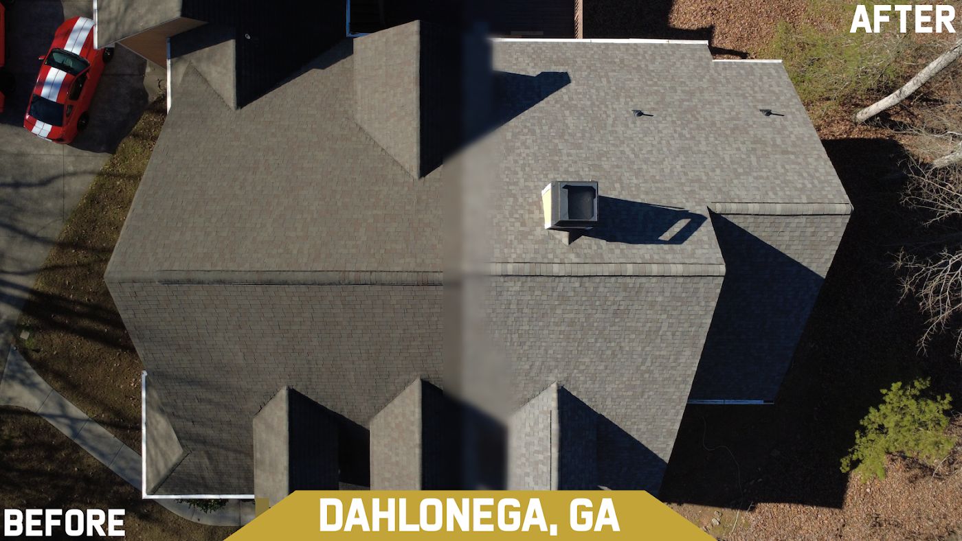 Before and after of a Robust Roofing roof replacement in Dahlonega, Georgia